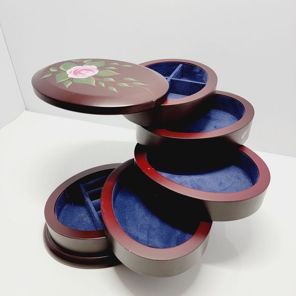 Jewelry Box Organizer 5 Tier Oval Wooden Swivel Tower Hand Painted Floral - Picture 2 of 16